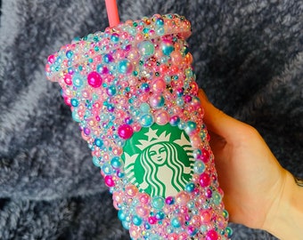 STUNNING UNICORN DREAMS Starbucks Tumbler Cold Cup with Gorgeous Pink, Hot Pink and Baby Blue Pearls and Rhinestones