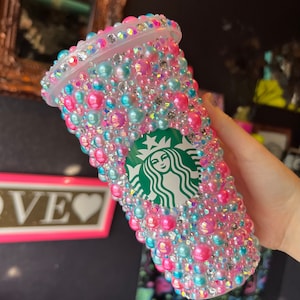 MERMAID VIBES Cold Cup Tumbler with Gorgeous Pink and Blue Pearls, AB Crystals and Rhinestones Unique and Perfect for a Gift