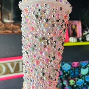 Blingy Pink Tumbler Covered in Gorgeous Pink, Silver and Grey Pearls, Crystals & Rhinestones