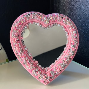 PINK HEART Mirror with Crystals, Pearls and Gorgeous Rhinestones Free standing or wall mount