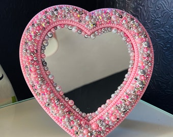 PINK HEART Mirror with Crystals, Pearls and Gorgeous Rhinestones Free standing or wall mount