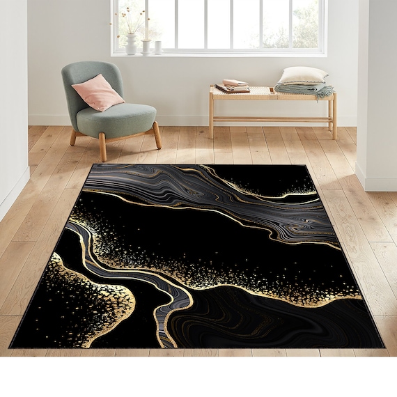 Marble Rug Black and Gold Marble Rug Living Room Rug Etsy