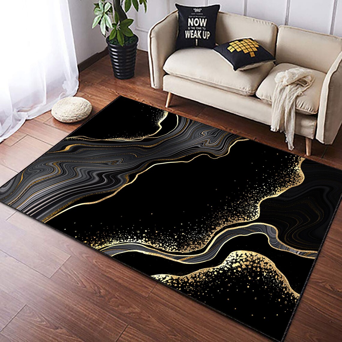 Marble Rug Black and Gold Marble Rug Living Room Rug Etsy