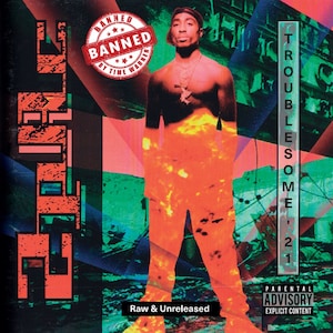 Puede incluir: Una portada de álbum de color rojo, verde y naranja con una silueta de un hombre en el centro. La portada del álbum tiene el texto "BANNED" en un círculo rojo con estrellas. El texto "TROUBLESOME'21" está en el lado derecho de la portada. El texto "Raw & Unreleased" está en la parte inferior de la portada.