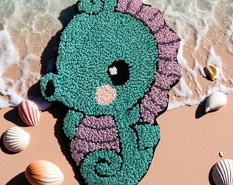 Large Cute Seahorse Mug Rug hand tufted/punch needle coaster
