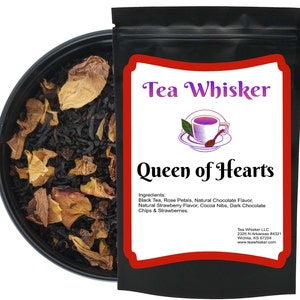 May include: A black tea blend called "Queen of Hearts" by Tea Whisker. The tea blend contains black tea, rose petals, cocoa nibs, and dark chocolate chips. The tea is packaged in a black pouch with a red label.