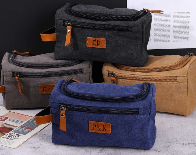 Personalized Leather and Waxed Canvas Dopp Kit, Toiletry Case, Men's Travel Bag, Grooming Kit, Water-Resistant, Holiday Gift for Him