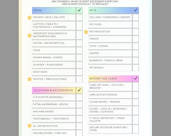 May include: A checklist for preparing for an outdoor trip. The checklist is divided into two sections: Items and Before You Leave. The Items section includes categories such as Phones, Laptops, Electronics, Important Documents, Water, Food, Power Banks, Glasses, Roof Rack, Photos, Clothing & Accessories, and more. The Before You Leave section includes categories such as Turn Off HVAC, Unplug Electronics, Clear Fridge, Close Lock All Windows, If Cold: Water Off Drain Faucets, and Secure Outdoor Furniture. The checklist is designed to help people remember essential items and tasks before leaving for an outdoor adventure.