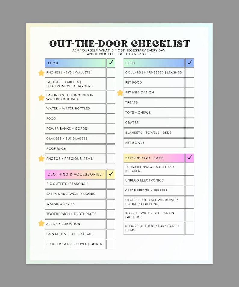 May include: A checklist for preparing for an outdoor trip. The checklist is divided into two sections: Items and Before You Leave. The Items section includes categories such as Phones, Laptops, Electronics, Important Documents, Water, Food, Power Banks, Glasses, Roof Rack, Photos, Clothing & Accessories, and more. The Before You Leave section includes categories such as Turn Off HVAC, Unplug Electronics, Clear Fridge, Close Lock All Windows, If Cold: Water Off Drain Faucets, and Secure Outdoor Furniture. The checklist is designed to help people remember essential items and tasks before leaving for an outdoor adventure.