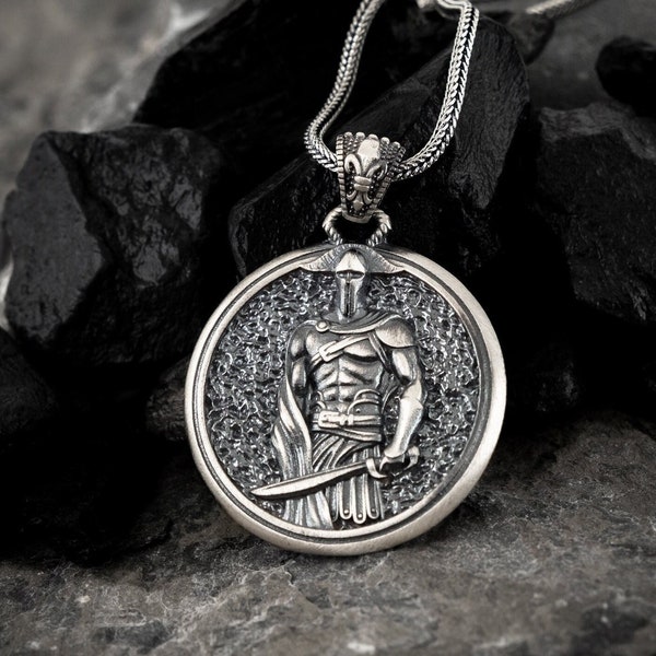 Silver Spartan Warrior Man Necklace, Oxidized Leonidas Charm, Handmade Gladiator Pendant, Gothic Greek Warrior Gifts, 300 Spartans Medallion