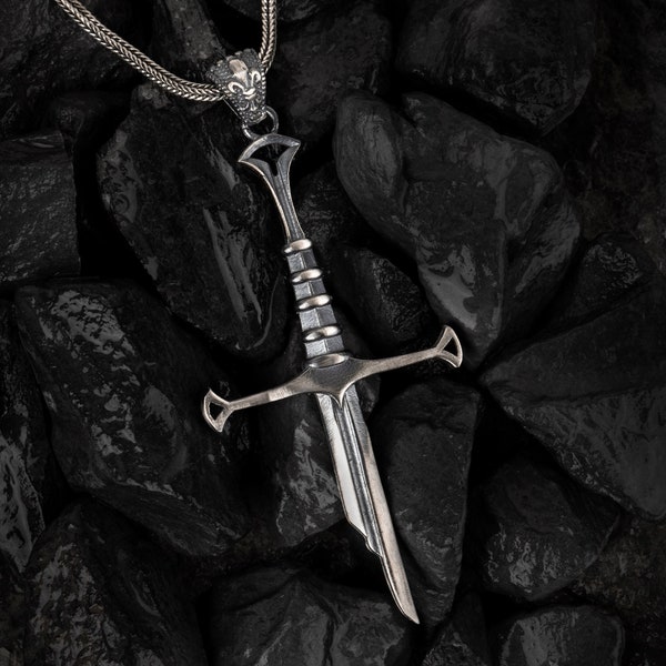 Sterling Silver Broken Sword Cross Necklace - Anduril Jewelry Silver Charm - Warrior Sword Pendant for Gothic - Norse Blade Pendant