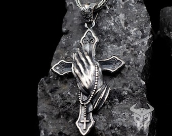 Sterling Silver Praying Hands Cross Necklace