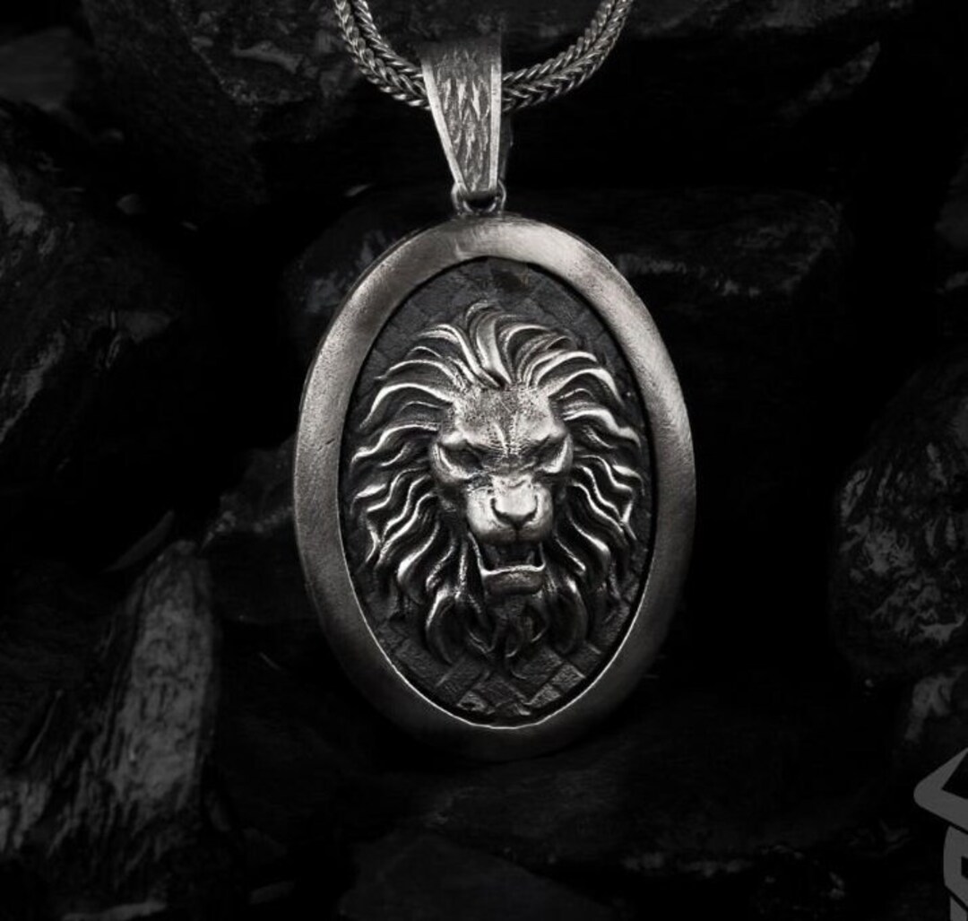 Silver Mens Lion Necklace Etsy