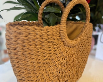 Borsa di paglia, borsa da spiaggia, borsa marrone di paglia fatta a mano, tote di paglia, cestino di paglia