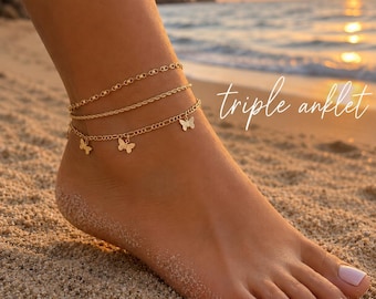 Stilnati 18K Gold Filled Butterfly Anklet, Triple Anklet, Three Pieces in One, Anklet for Women, Ankle Bracelet, Anklet for Women, Anklet