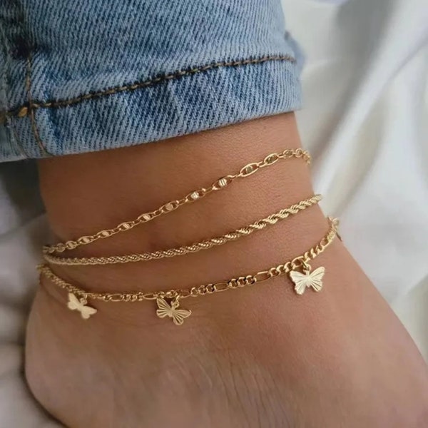 Stilnati 18K Gold Filled Butterfly Anklet, Triple Anklet, Three Pieces in One, Anklet for Women, Anklet Bracelet, Women Jewelry Chain Gift