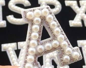 English Alphabet Rhinestone Iron On Patches Letters, 1 Pearl Letter