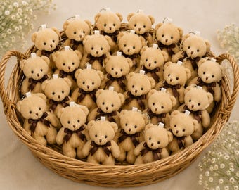 24 Teddy Bears Little Light Brown With Key Chain 4.7in Height Set, Baby Shower, Birthday, Wedding, Flowers Bouquet Favors