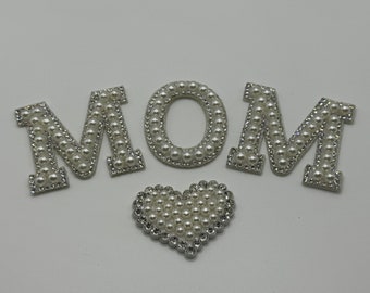 Mom Heart White Pearl Rhinestone Letters Patches Iron On Sew On Clue On Happy Mother’s Day Parches for Mom, Gift for Mom