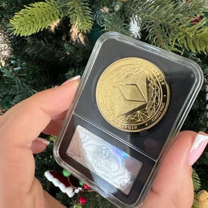 Ethereum Physical Coin Golden Color in Rectangle Protective Case Handmade Limited Edition Custom Coin, Handmade Crypto Coin in Case