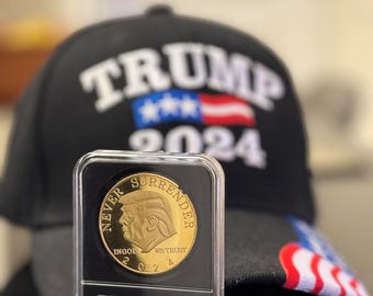 Trump 2024 Coin, Never Surrender, Golden Color, Handmade Display Case
