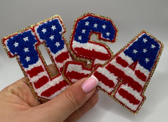 Gold Glitter USA Patch Set, American Flag Letters, Iron On