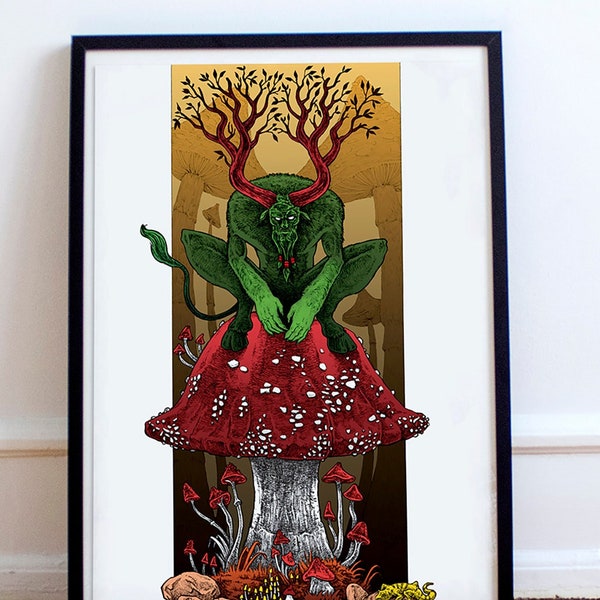 Cernunnos horned celtik god poster|Forest guardian wall art|Mushroom fairy faun satir illustration|Celtic druid|Pagan god print art Active