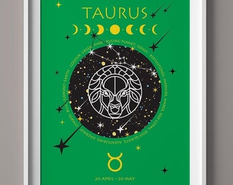 Taurus Zodiac Star Sign ART PRINT, Earth Star Sign, Taurus Wall Art Print, Horoscope Print, Zodiac Poster, Zodiac printable wall art