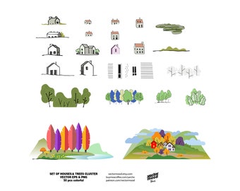 Houses and cluster trees, eps, png. Clipart, Digital download.