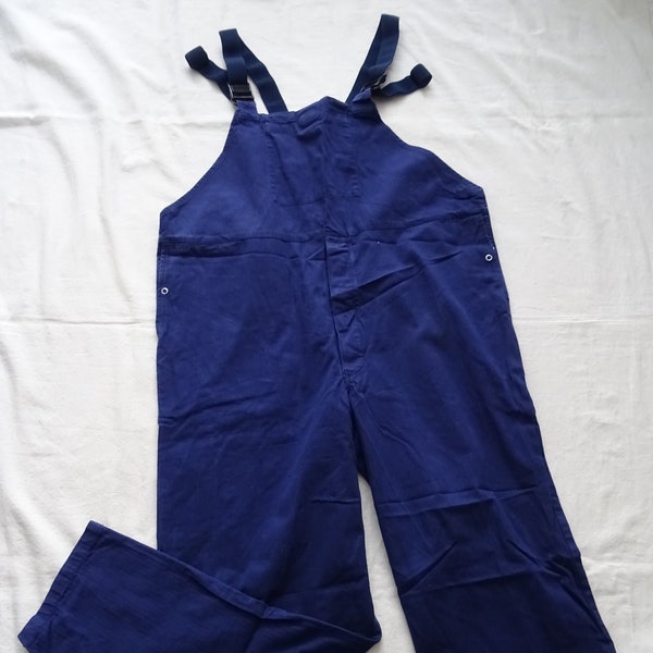 Vintage dungarees European workwear blue HBT cotton worker bibs work overalls indigo oversized 46W 32L