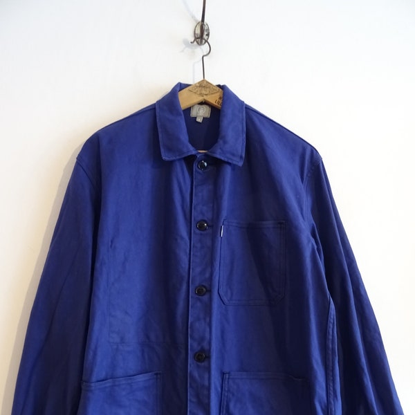 Vintage French chore jacket workwear LMA blue bleu de travail cotton NOS deadstock one wash 44.5" chest measured