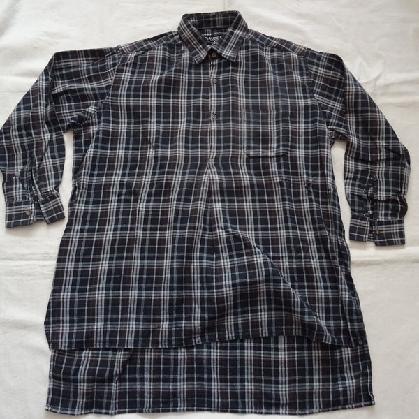 Vintage French chore shirt 1970s 80s Claude CE workwear smock checked cotton popover tail work 54 inches chest