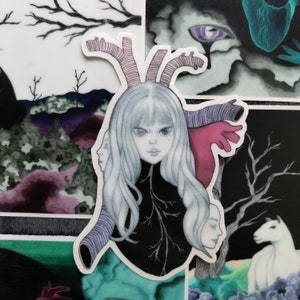 Corazón de niña, corazón anatómico, caras de órganos, imagen propia gótica, transparente, troquelado, quién soy, melancolía, arte oscuro, pegatina de vinilo