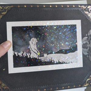 Sognatrice - una fata e il suo gatto - ricordo di un sogno - stampa artistica con tecnica mista - glitter - acquerelli - disegno a matita - disegno tradizionale