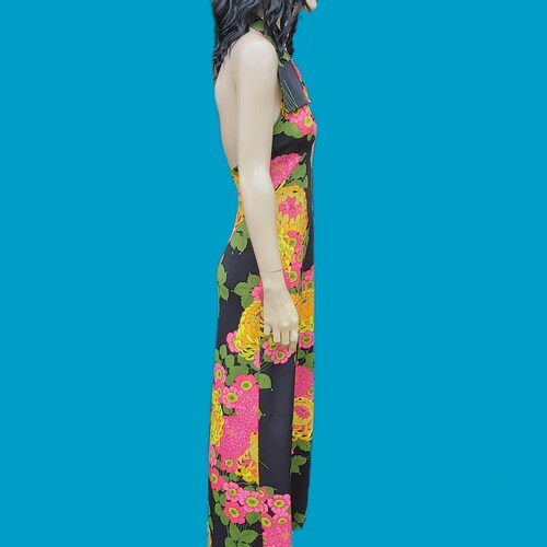 UK 8/10 Fabulous original 1970s vintage floral halter neck maxi shops dress huge collar by YOLENE of France