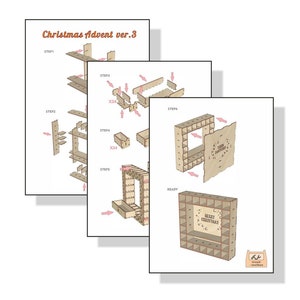 May include: Diagram showing how to assemble a wooden Christmas advent calendar with 24 numbered compartments. The calendar is decorated with the words "Merry Christmas".