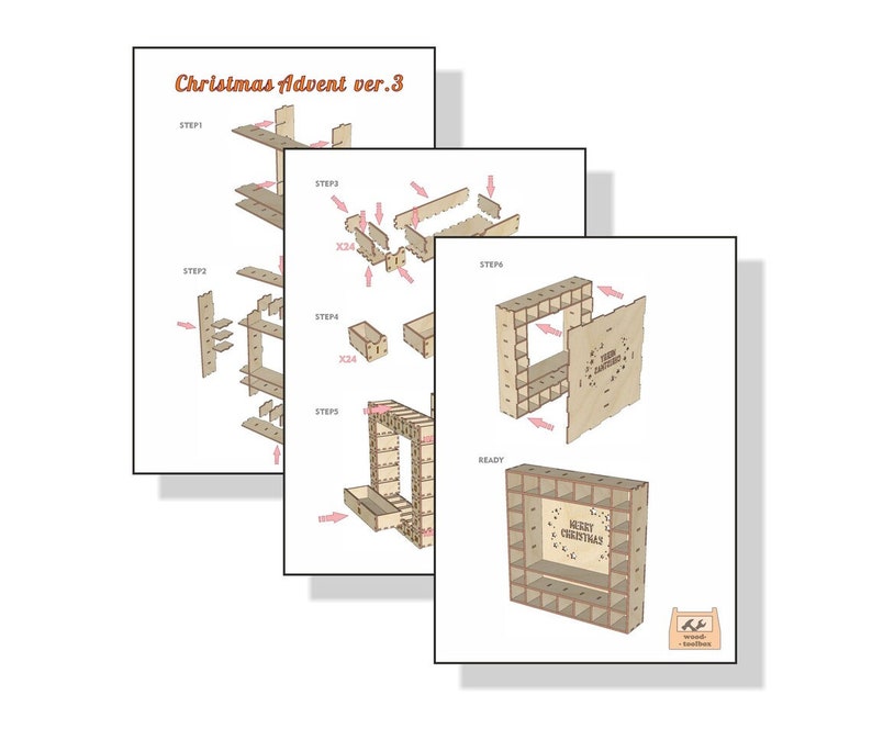 May include: Diagram showing how to assemble a wooden Christmas advent calendar with 24 numbered compartments. The calendar is decorated with the words "Merry Christmas".