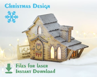 Casa de Conto de Fadas - Casa de Natal SVG para Corte a Laser - Casa de Férias Aconchegante - Decoração de Vila Iluminada - Arquivo Glowforge - Download Instantâneo