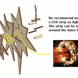 May include: A wooden star-shaped ornament with instructions for assembly. The instructions show how to assemble the star and how to add LED lights. The image also shows a close-up of a string of LED lights.