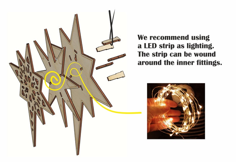May include: A wooden star-shaped ornament with instructions for assembly. The instructions show how to assemble the star and how to add LED lights. The image also shows a close-up of a string of LED lights.