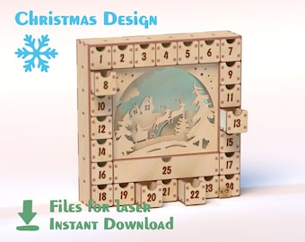 3D Wooden Advent Calendar SVG – Laser Cut Christmas Box with 25 Drawers – Santa Sleigh Scene – DIY Holiday Decor – Digital File