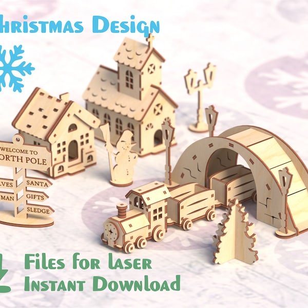 Kleine Weihnachtsszene - Weihnachten niedliche Häuser und Zug - Laser geschnittene Datei. SVG DXF-Dateien für CNC-Laserschneidfräser, Neujahrsszene