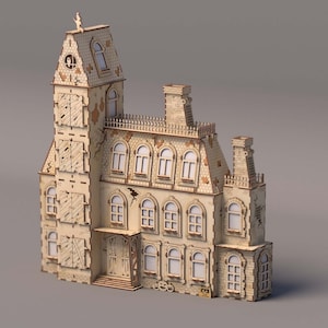 May include: A detailed wooden model of a haunted house, with a tall tower, multiple windows, and weathered details. The model is light brown with visible cracks and shuttered windows, creating a spooky aesthetic.