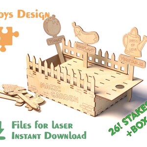 May include: A wooden laser-cut toy garden set with a fence, signs for tomato, eggplant, and vegetables, and the words "Magic Garden." Includes stakes and a box. The text "Toys Design" and "Files for Laser Instant Download" are also visible.