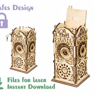 May include: Wooden model of a clock tower with a keyhole and a key. The tower is decorated with the word "PRAHA" and intricate details. The model is a laser cut design and is ready to be assembled.