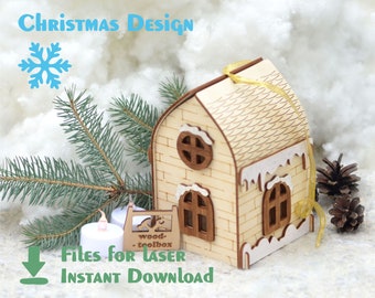 Box House - cute christmas laser files, laser projects christmas gifts box. New Year's box for sweet. Candy house laser file multiple format