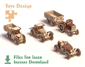 May include: Wooden toy car models, including a truck, convertible, and tractor with a trailer. The toys are made of light brown wood with darker brown accents. The image includes the text "Toys Design" and "Files for Laser Instant Download."