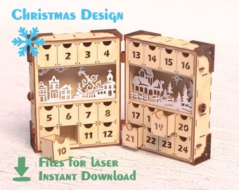 Book Advent Calendar – Laser cut files,  Christmas decor. Digital template Christmas fir-tree calendar. CDR, DXF and other formats