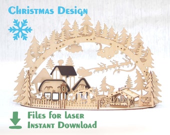 May include: A laser cut wooden Christmas village scene with a snowy archway, a small house with a fence, and a reindeer flying through the air. The text "Files for Laser Instant Download" is at the bottom of the image.