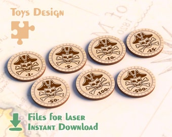 Pirate Coins coins with numbers - laser cut files - digital template for laser cutting and engraving - glowforge design - SVG DXF CDR format
